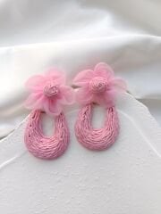 Pembe Çiçekli Hasır Küpe