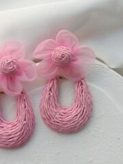 Pembe Çiçekli Hasır Küpe