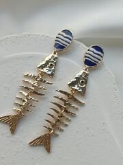 Gold Mavi Detaylı Balık Küpe