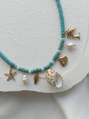 Mavi Boncuklu Deniz Kabuklu Kolye