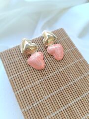 Çelik İkili Kalpli Pembe Küpe