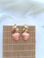 Çelik İkili Kalpli Pembe Küpe