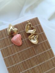 Çelik İkili Kalpli Pembe Küpe