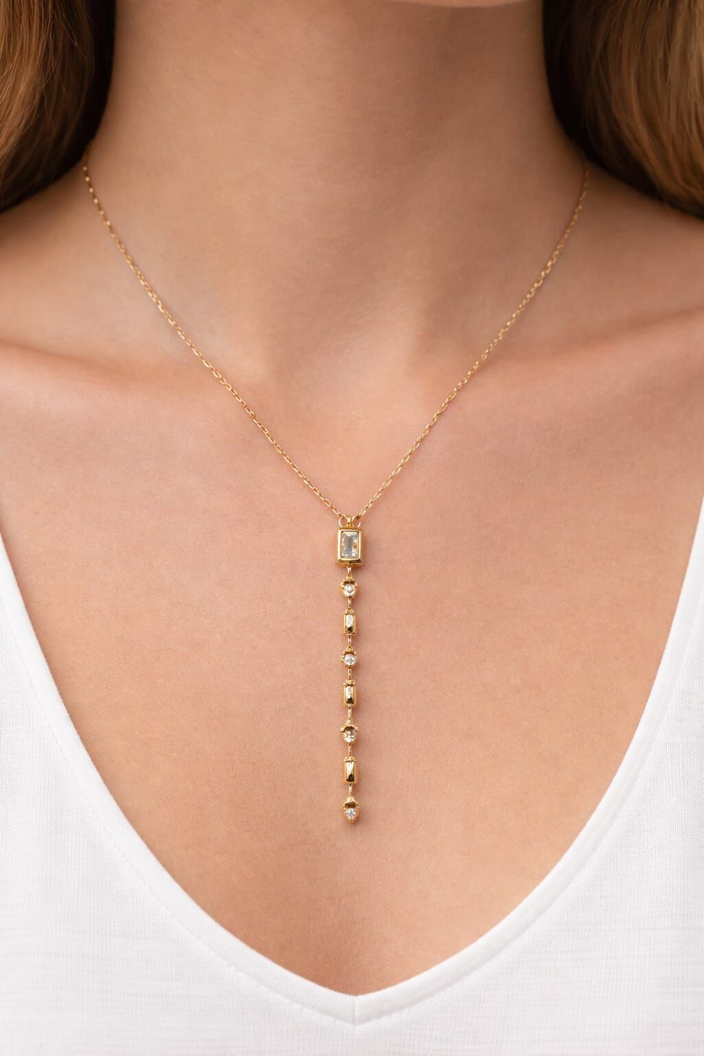 Çelik Mini Taşlı Gold Y Kolye