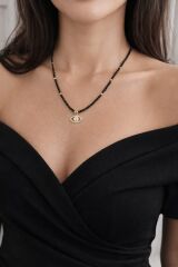 Çelik Siyah Boncuklu Kolye