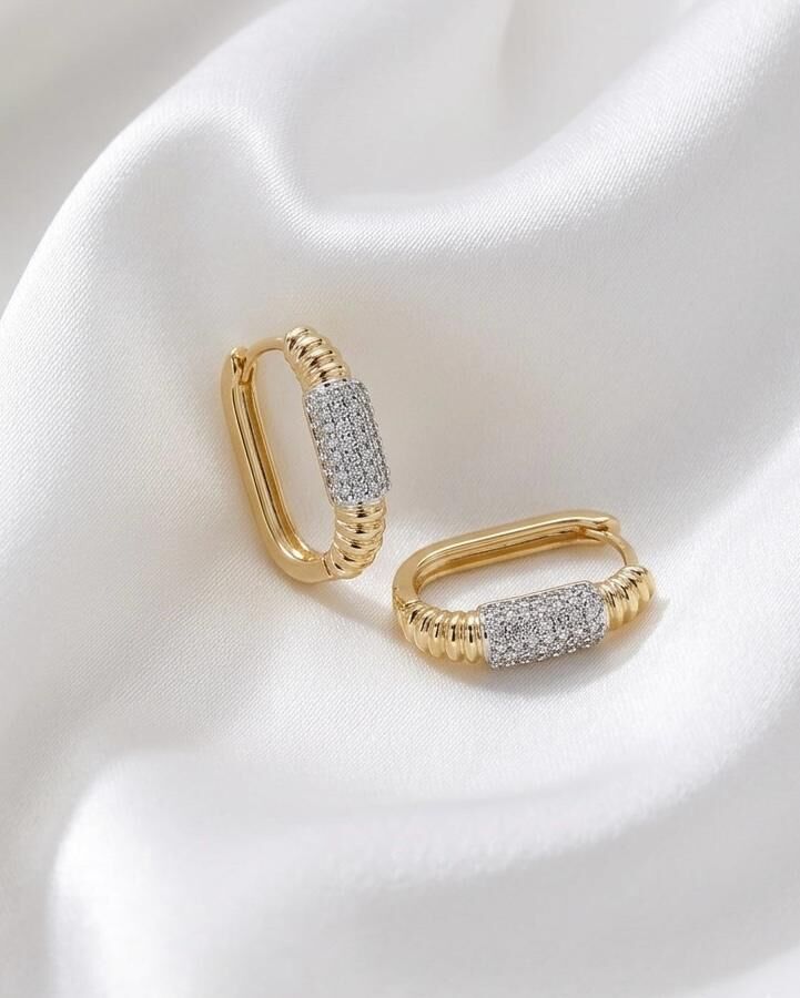 Kare Gold Silver Taş Detaylı Küpe