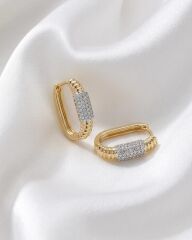 Kare Gold Silver Taş Detaylı Küpe