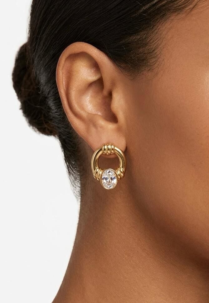 Oval Taşlı Gold Halka Küpe