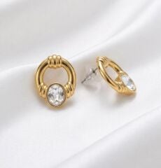 Oval Taşlı Gold Halka Küpe
