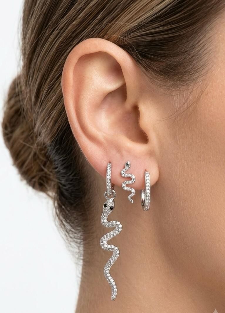 Taşlı Yılan Silver Kombin Küpe
